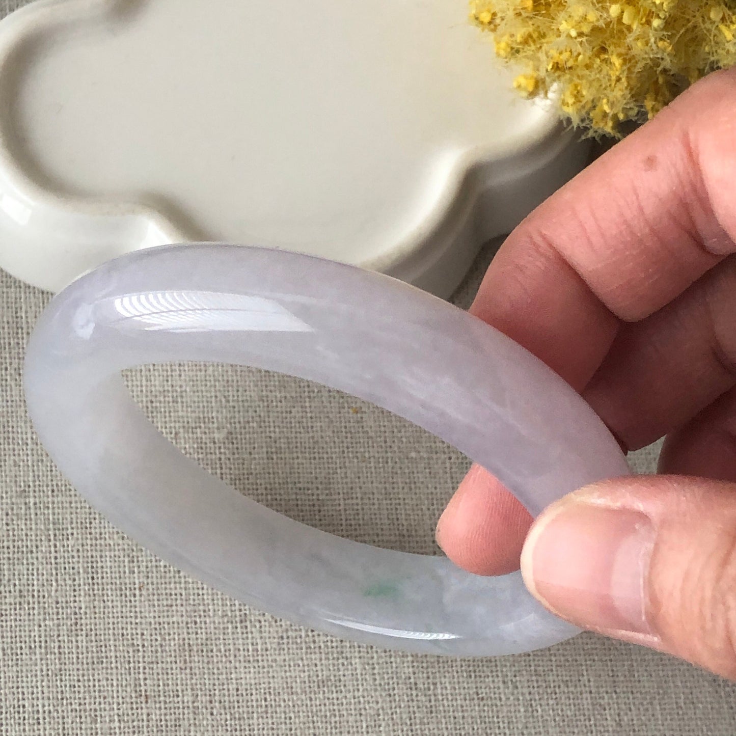 55 mm Icy White Tint Lavender Jadeite Jade D shaped Bangle