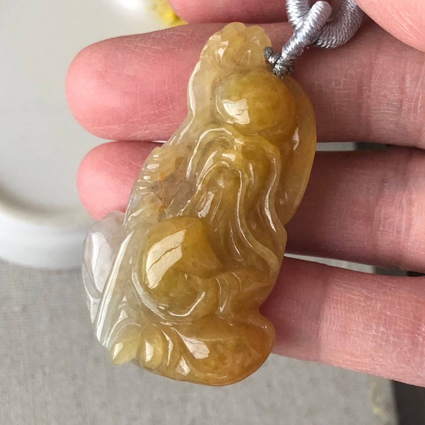 46mm Jadeite Jade Carved Yellow Longevity God Pendant