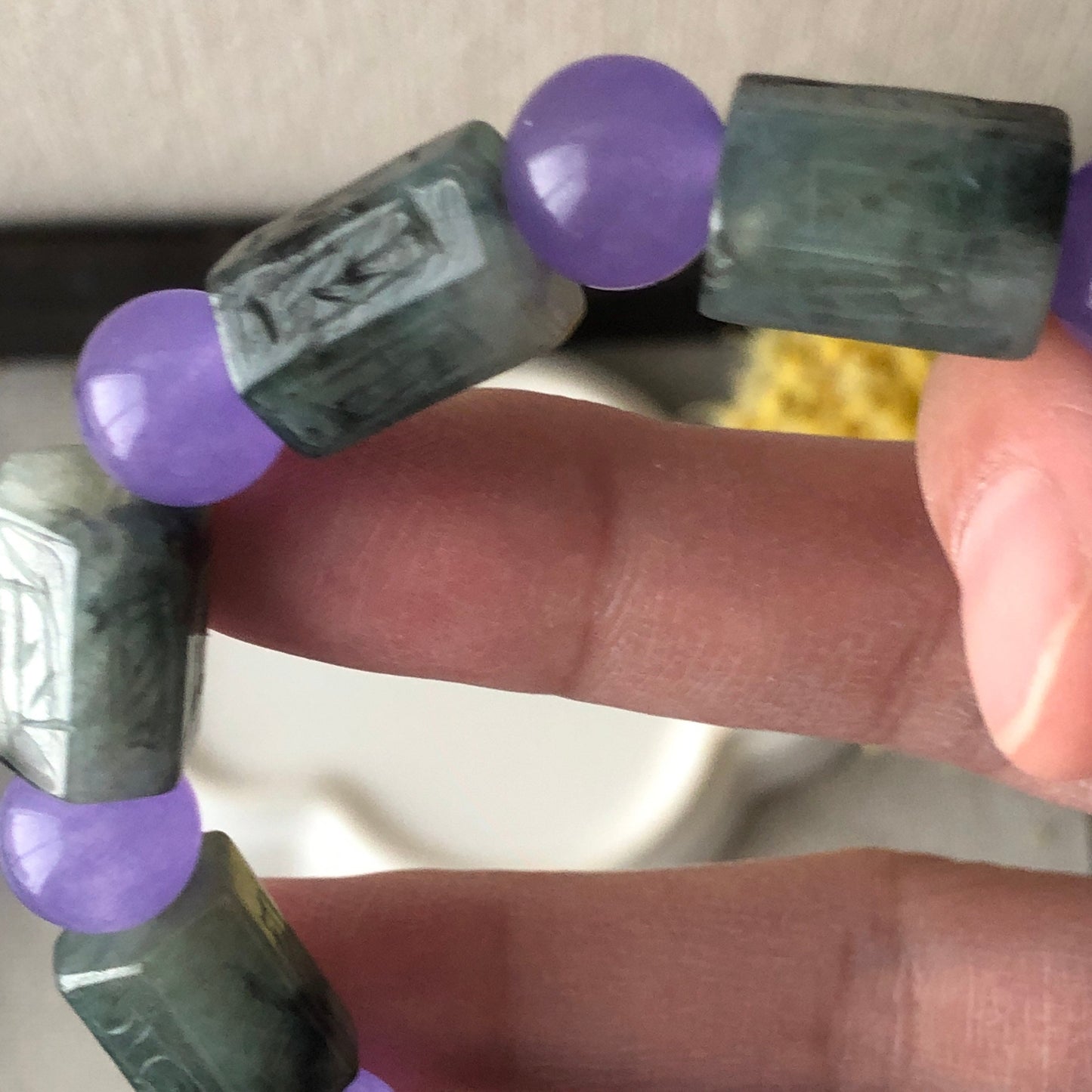 10x14.7mm Green Water Lake Jadeite Jade Six Word Carved Blessing Bead Bracelet