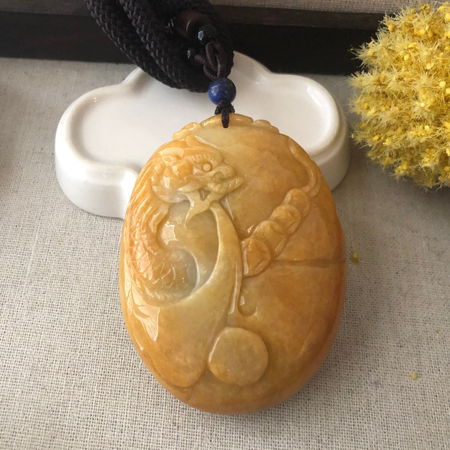 74.6mm Yellow Brown Jadeite Jade Carved General and Dragon Mask Display