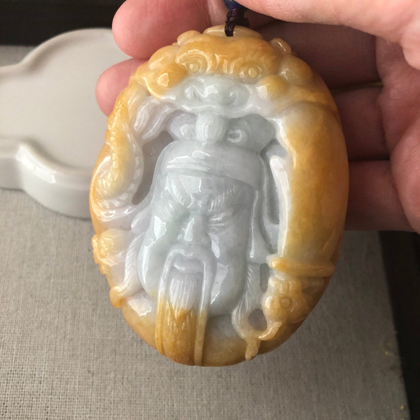 74.6mm Yellow Brown Jadeite Jade Carved General and Dragon Mask Display