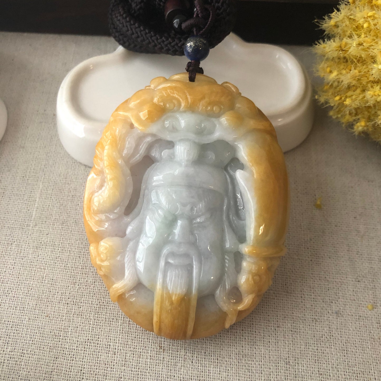 74.6mm Yellow Brown Jadeite Jade Carved General and Dragon Mask Display