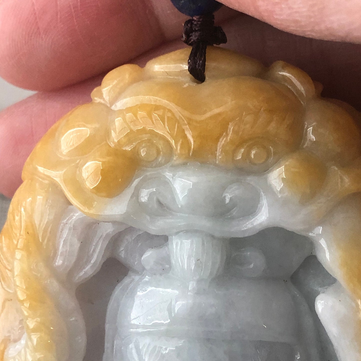 74.6mm Yellow Brown Jadeite Jade Carved General and Dragon Mask Display