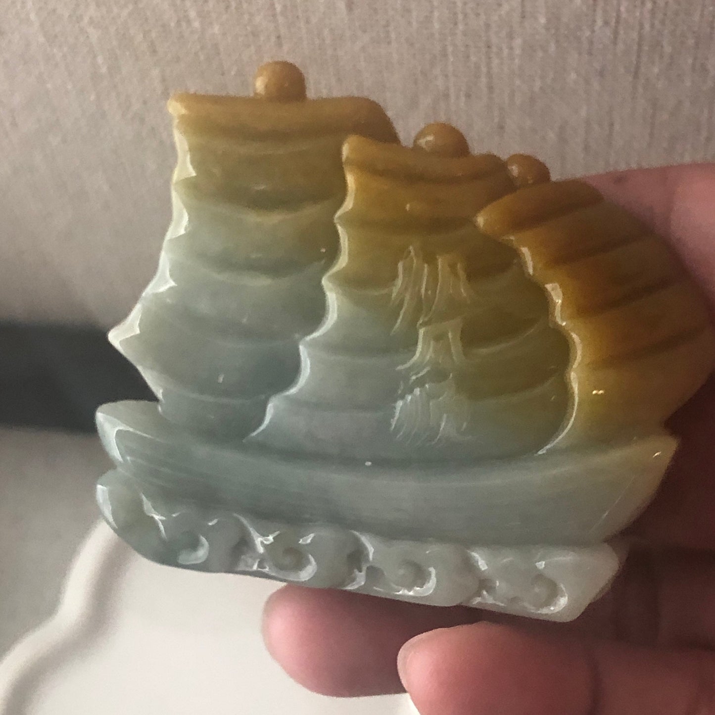 60mm Yellow Brown Jadeite Jade Carved Ship Display