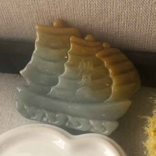 60mm Yellow Brown Jadeite Jade Carved Ship Display