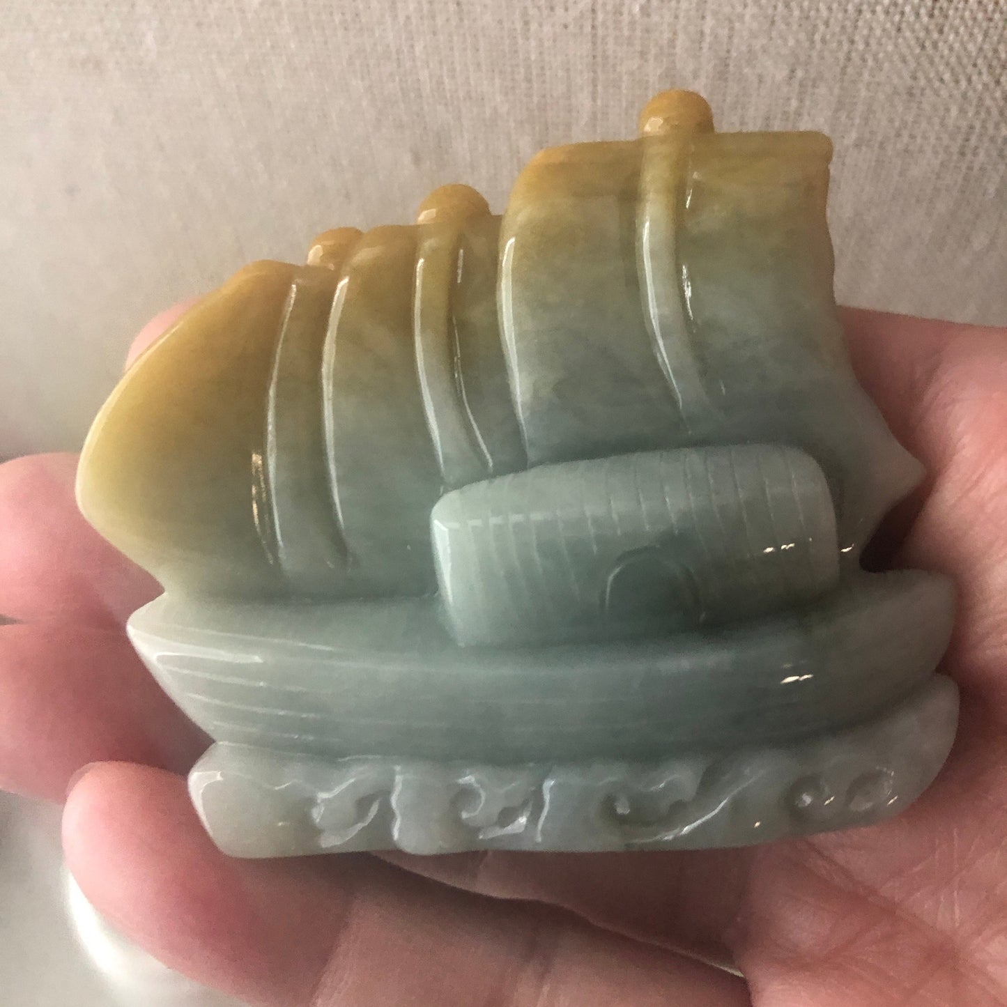 60mm Yellow Brown Jadeite Jade Carved Ship Display
