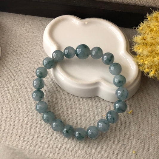 9 mm Jadeite Jade Green Float Flowers Round Bead Bracelet