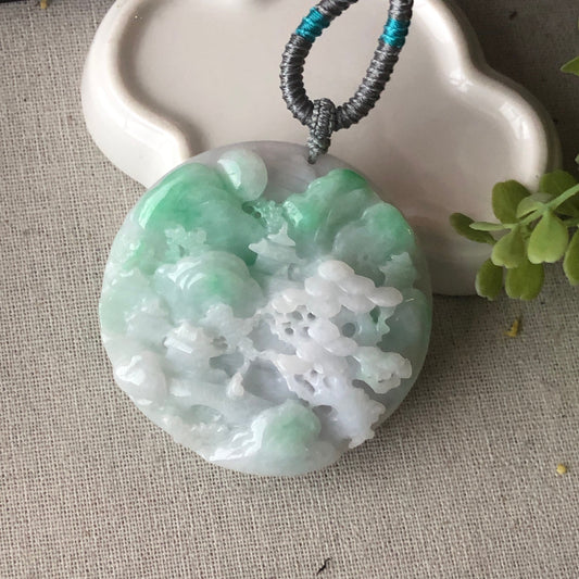 56 mm Green Jadeite Jade Carved Landscape Trees Pendant