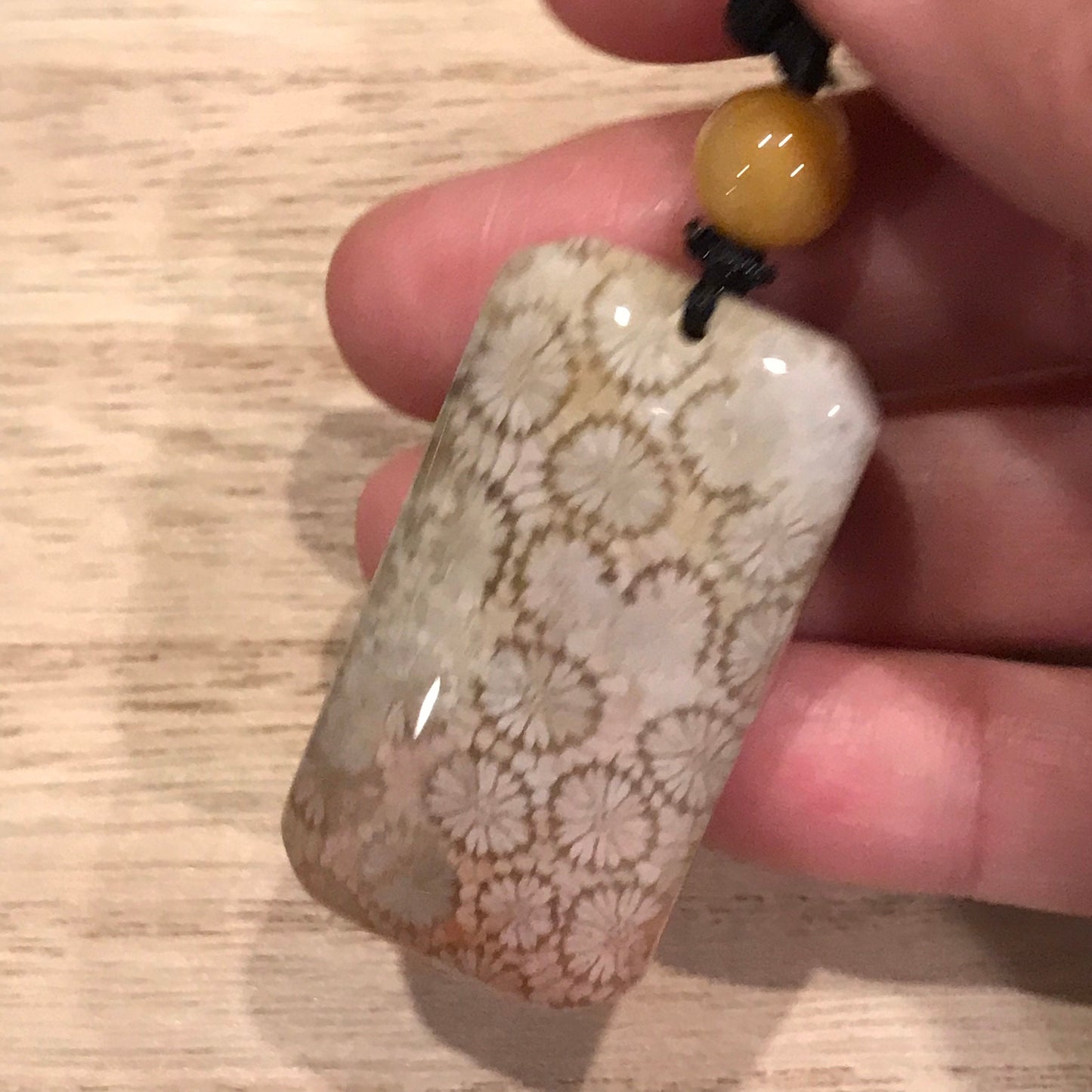 38.7mm Beige Pink Fossil Coral Pendant with Neck Rope Tie BC003