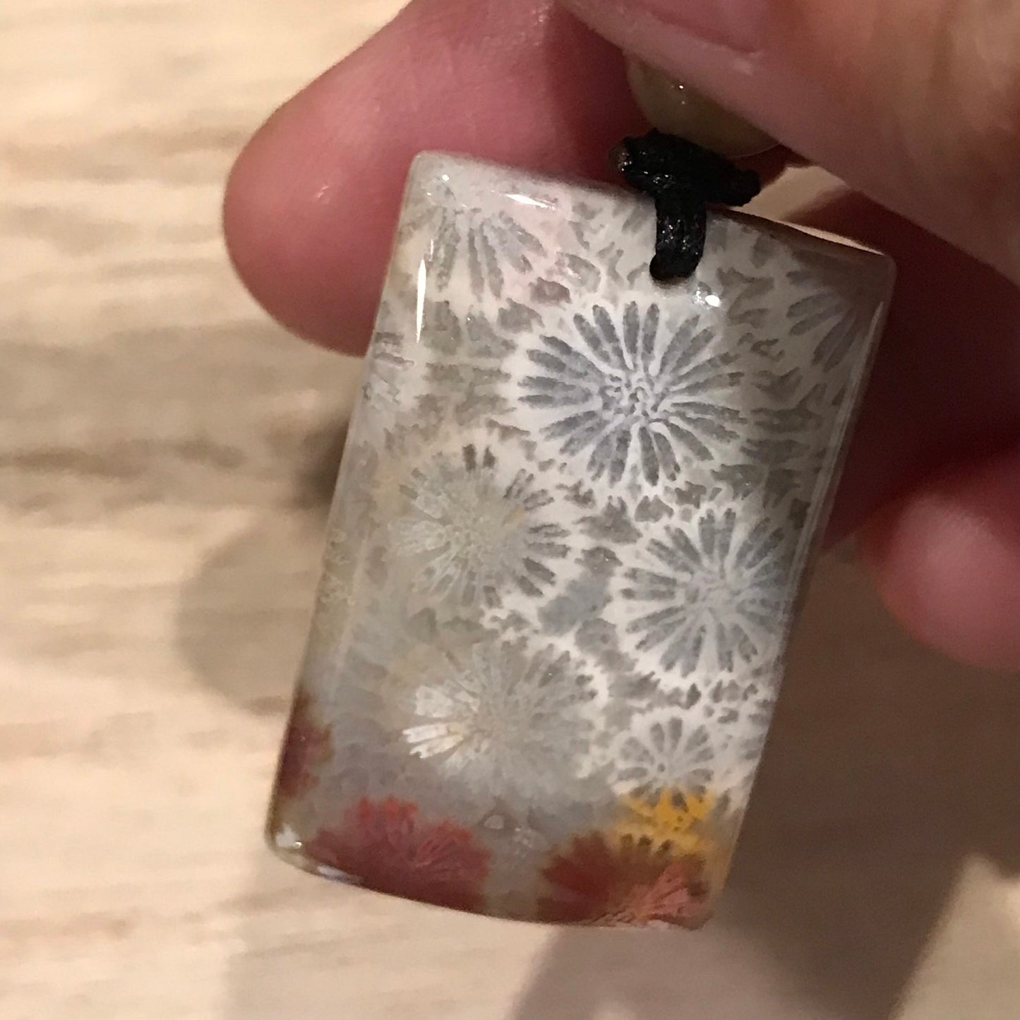 30.3mm Beige Grey Maive Fossil Coral Pendant with Neck Rope Tie BC006