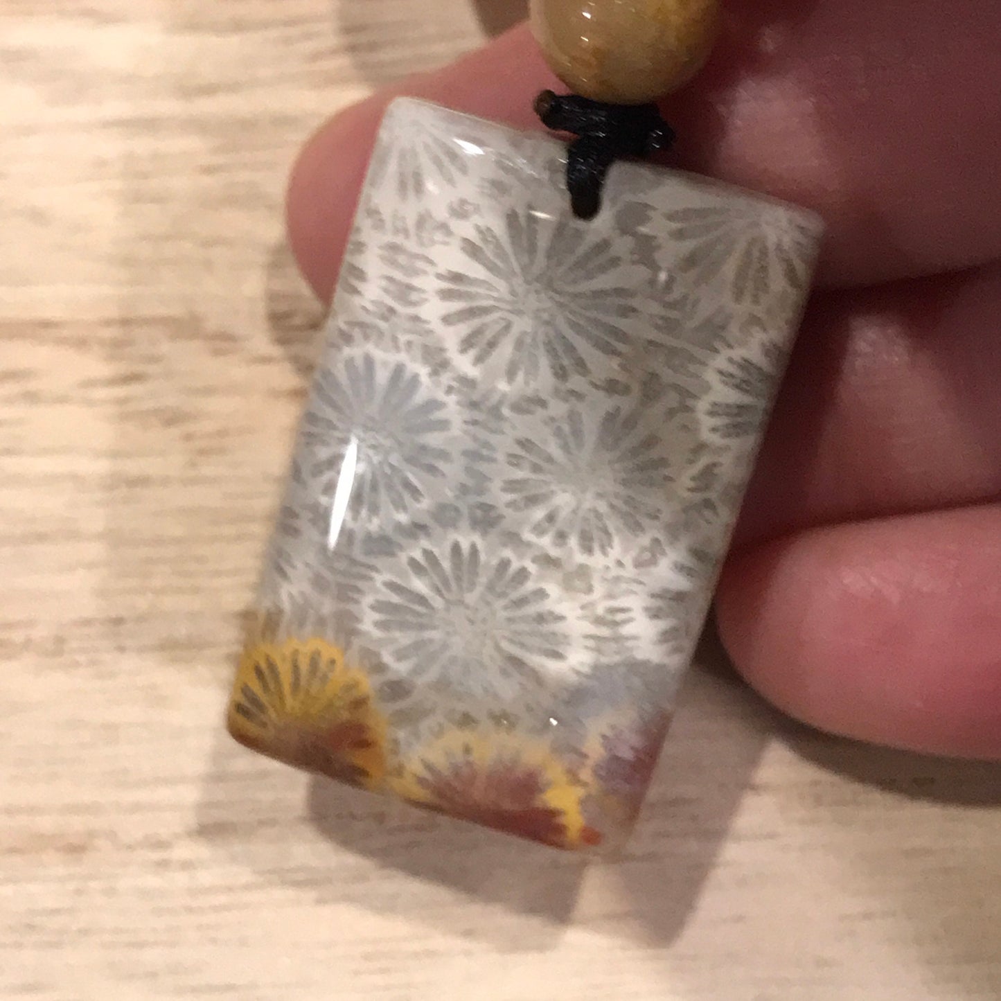 30.3mm Beige Grey Maive Fossil Coral Pendant with Neck Rope Tie BC006