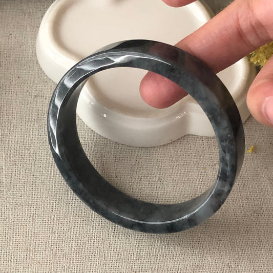56 mm Jadeite Jade Icy Black Wuji Cuff Shaped Bangle