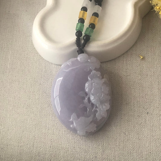 50 mm Icy Lavender Glutinous Fine Floral Jadeite Jade Pendant