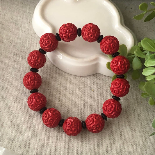 13.3 mm Red Carved Ruyi Clouds Cinnabar Bead Bracelet