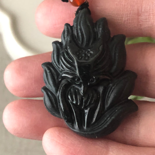 40mm Black Jadeite Jade Carved Fox Tail Kitsune Pendant