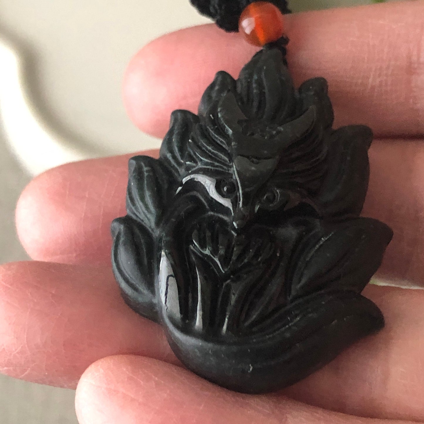 40mm Black Jadeite Jade Carved Fox Tail Kitsune Pendant
