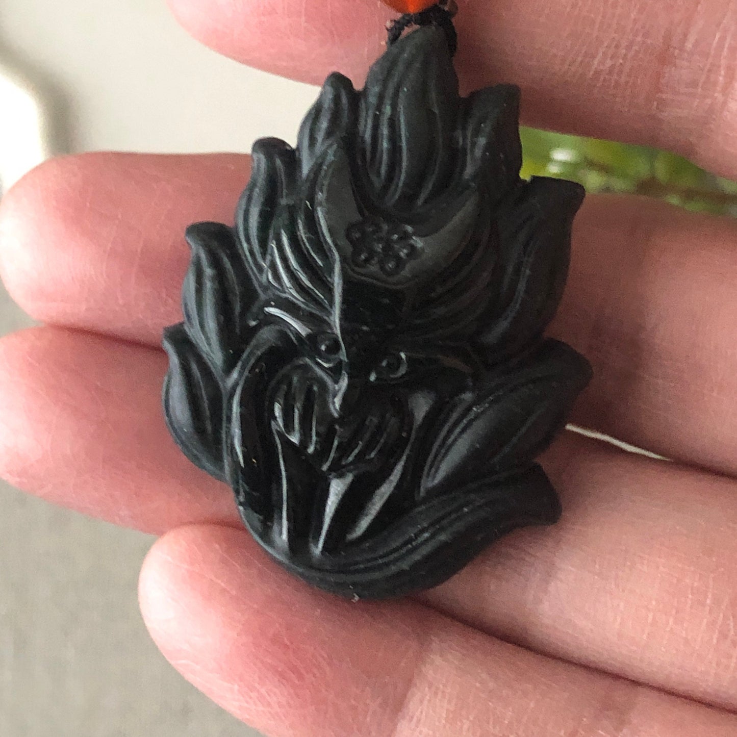 40mm Black Jadeite Jade Carved Fox Tail Kitsune Pendant
