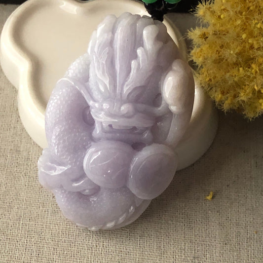 76.3mm Jadeite Jade Lavender Carved Dragon Asian Coin Lucky Pendant