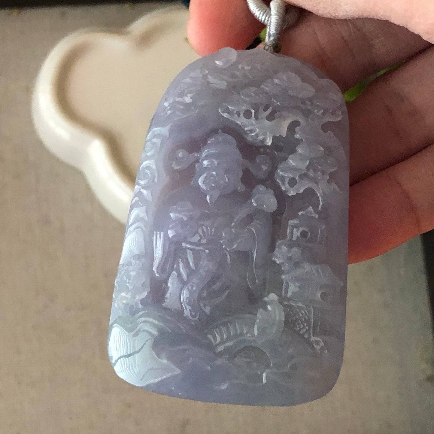 60mm Big Icy Jadeite Jade Lavender Carved Wealthy God Landscape Pendant