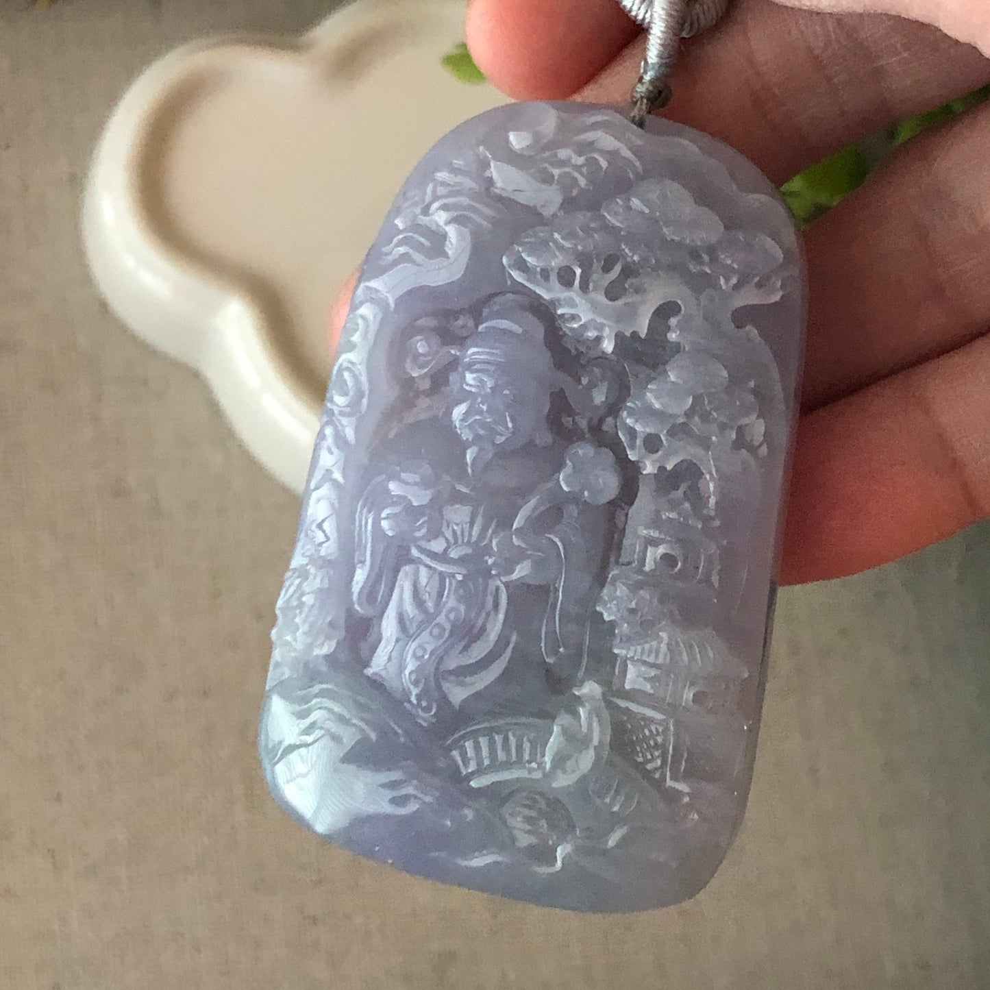 60mm Big Icy Jadeite Jade Lavender Carved Wealthy God Landscape Pendant