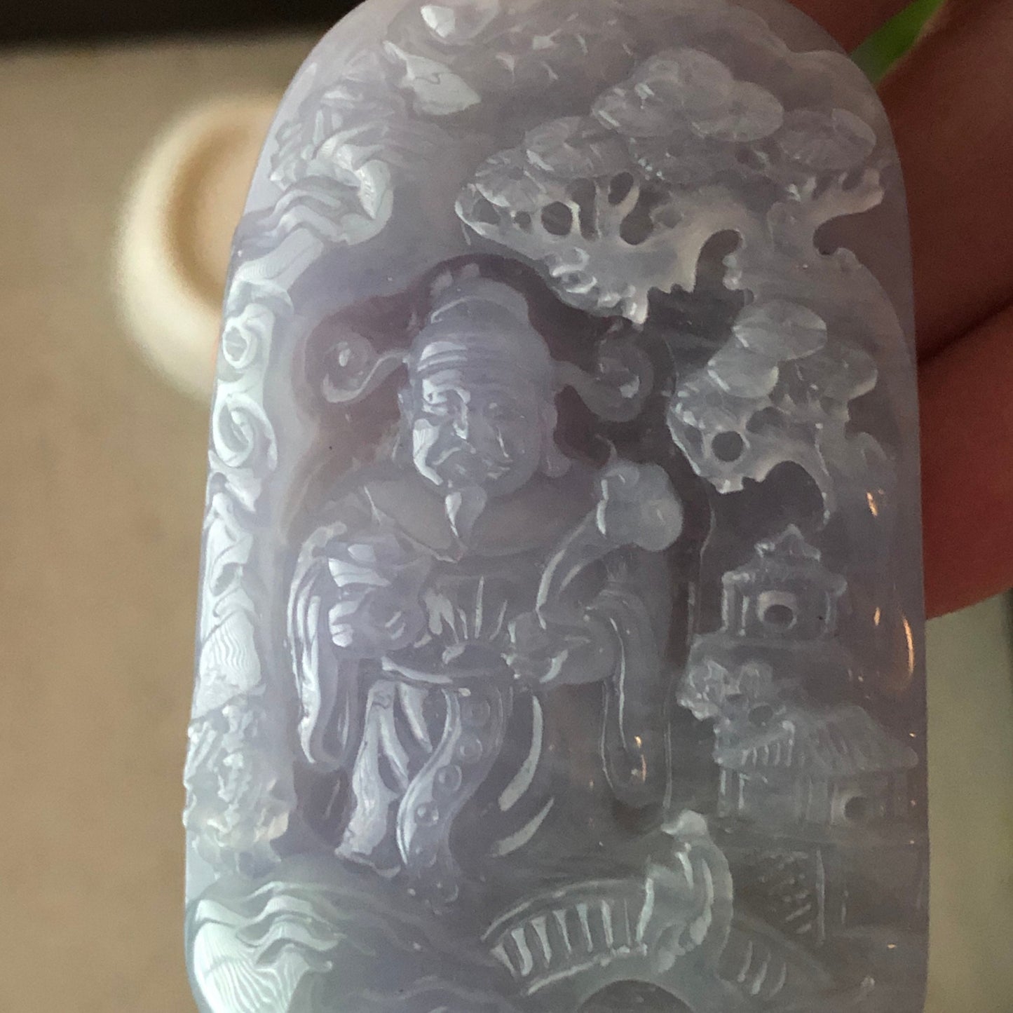 60mm Big Icy Jadeite Jade Lavender Carved Wealthy God Landscape Pendant