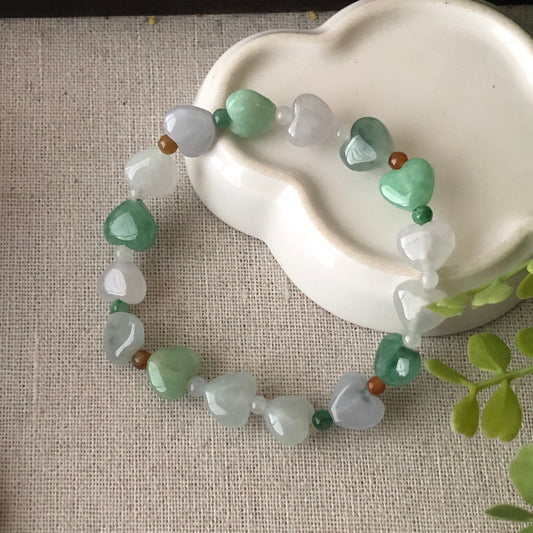 10.3mm Icy Green Jade Jadeite Heart Bead Bracelet