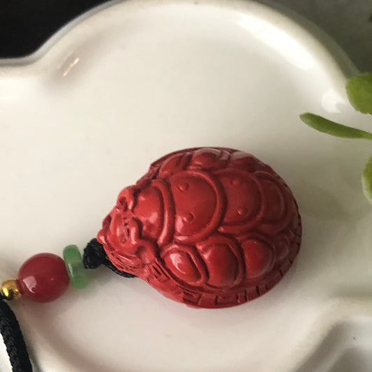 25.5 mm Cinnabar Carved Dragon Turtle Blessing Key Charm Pendant