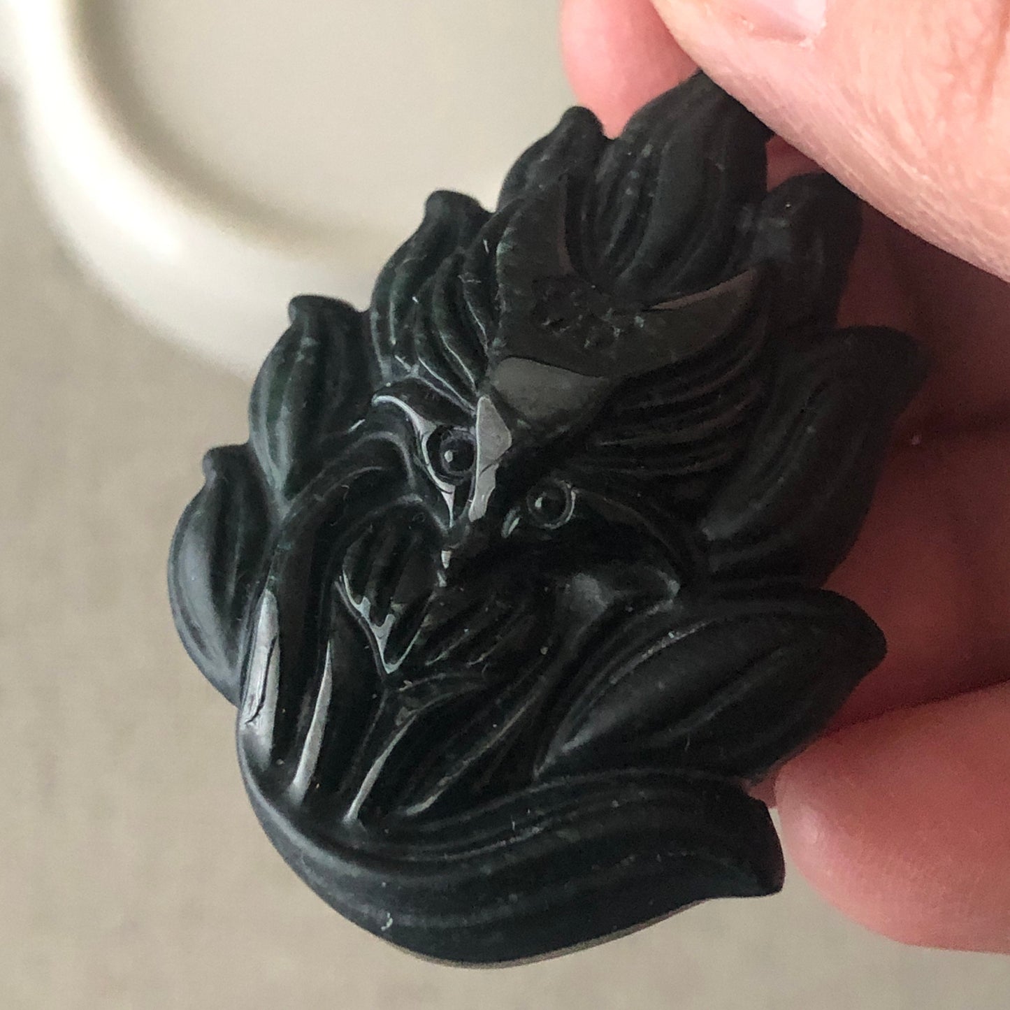 40mm Black Jadeite Jade Carved Fox Tail Kitsune Pendant