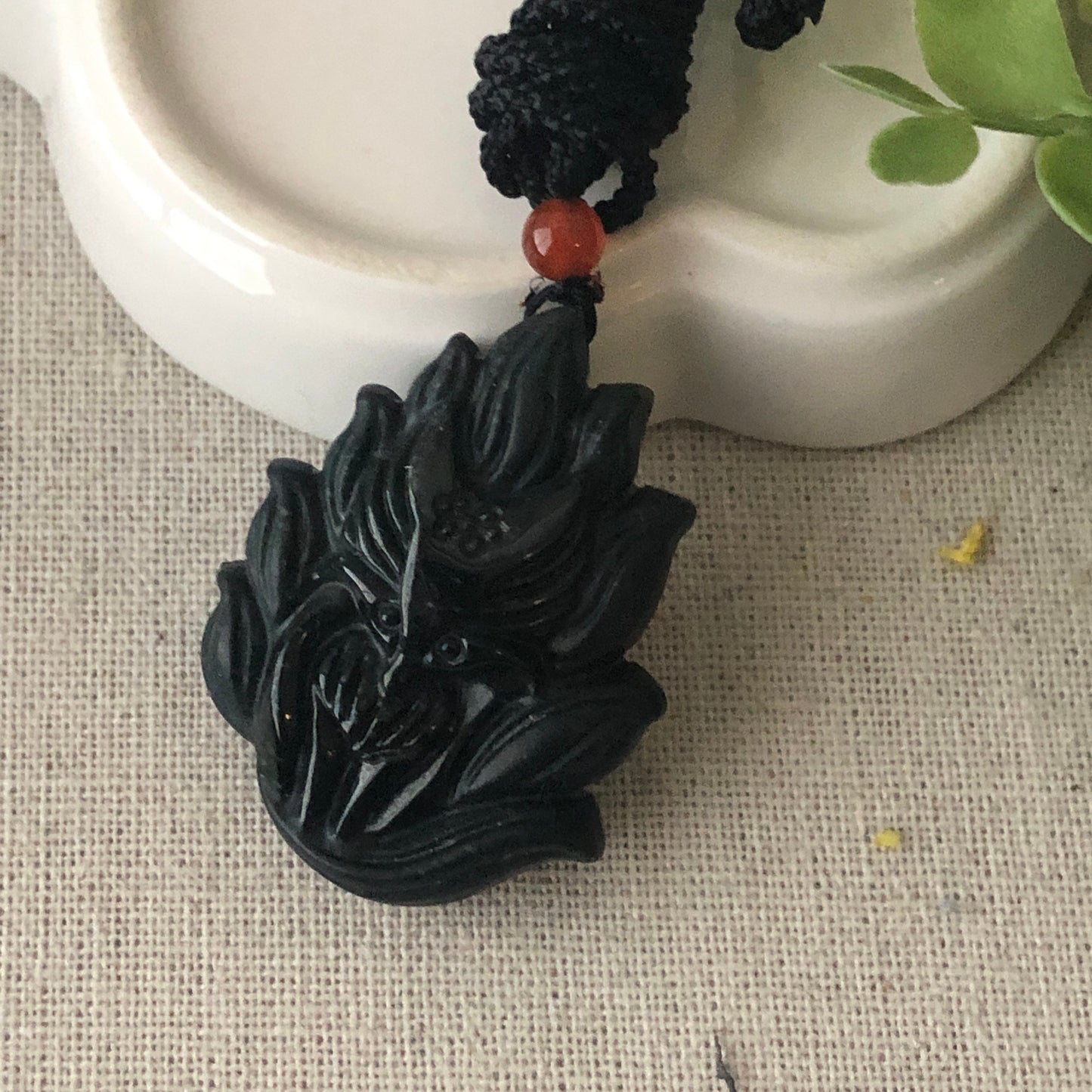 40mm Black Jadeite Jade Carved Fox Tail Kitsune Pendant