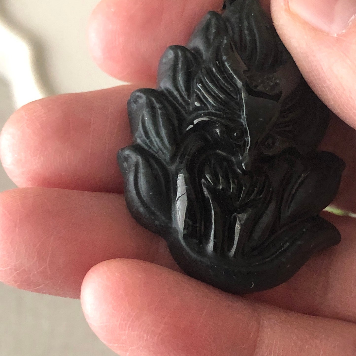 40mm Black Jadeite Jade Carved Fox Tail Kitsune Pendant