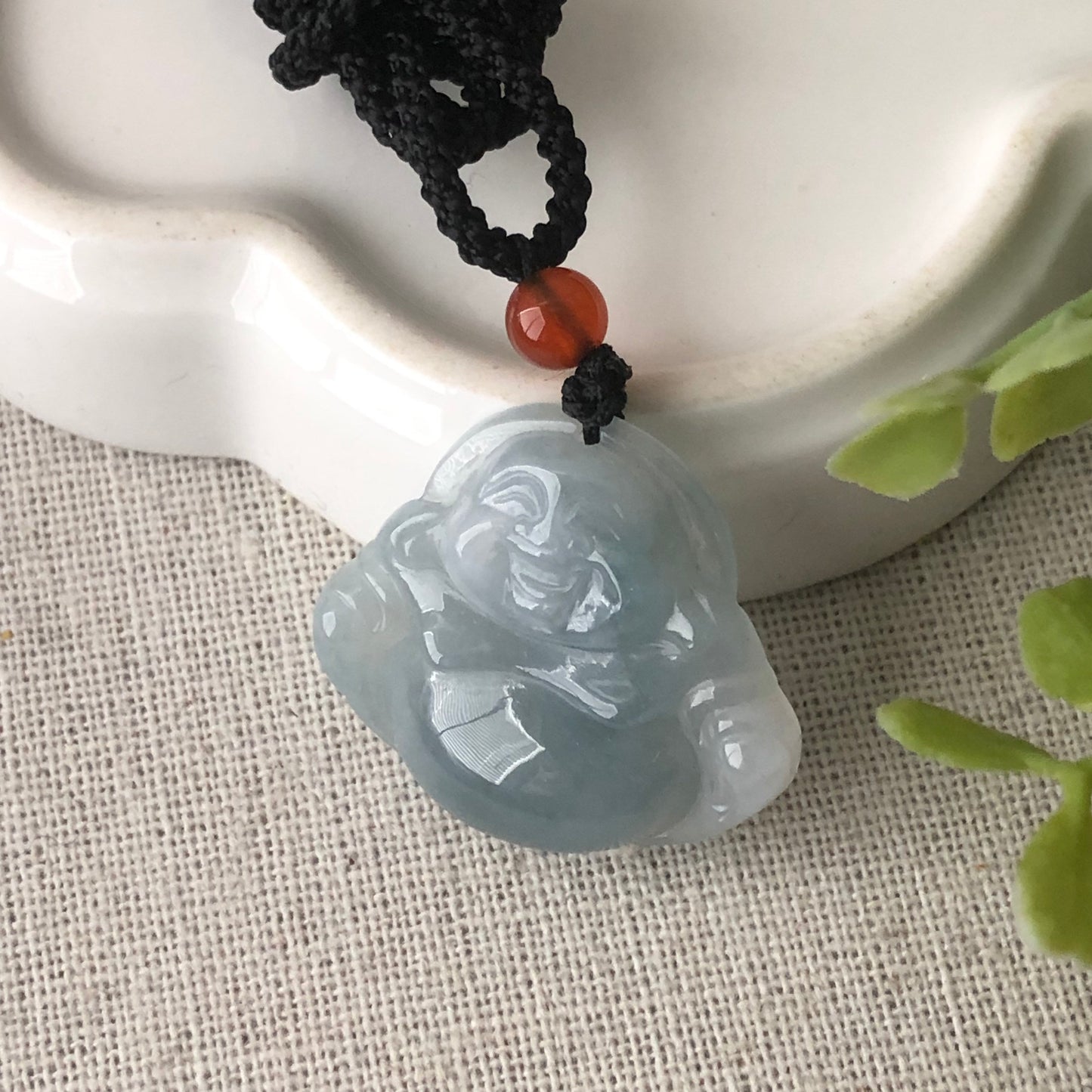 25.8mm Jadeite Jade Carved Tint Blue Green Happy Buddha Charm Pendant 2