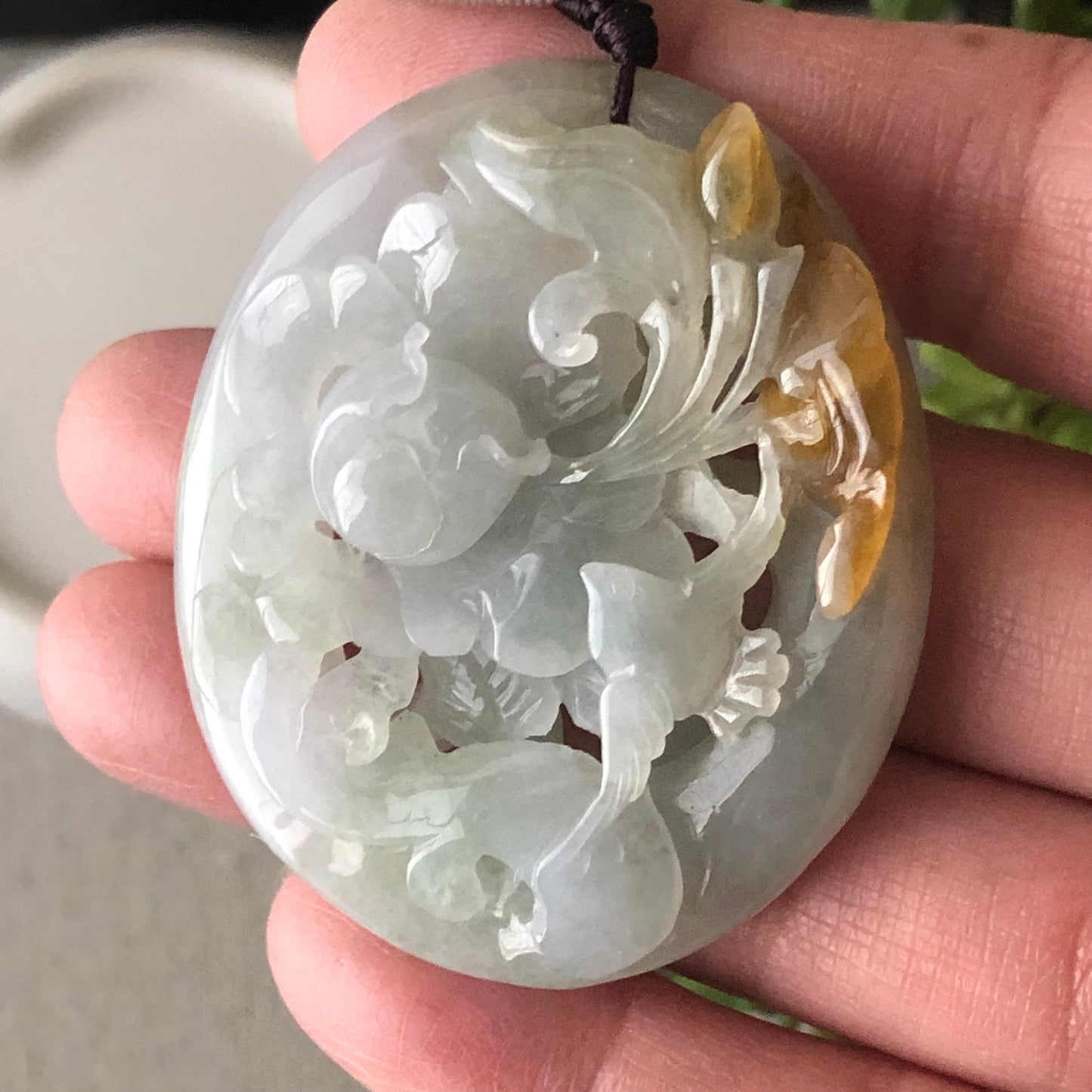 49 mm Jadeite Jade Icy Tint Green 3D Carved Flower Landscape Scenery Pendant