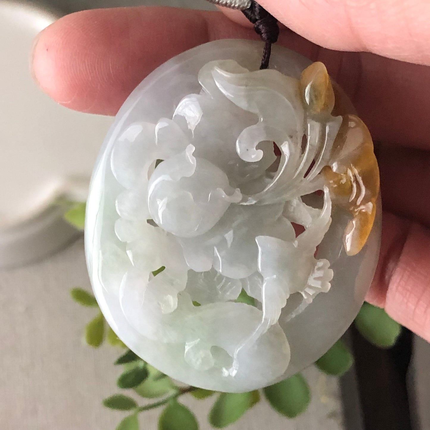 49 mm Jadeite Jade Icy Tint Green 3D Carved Flower Landscape Scenery Pendant