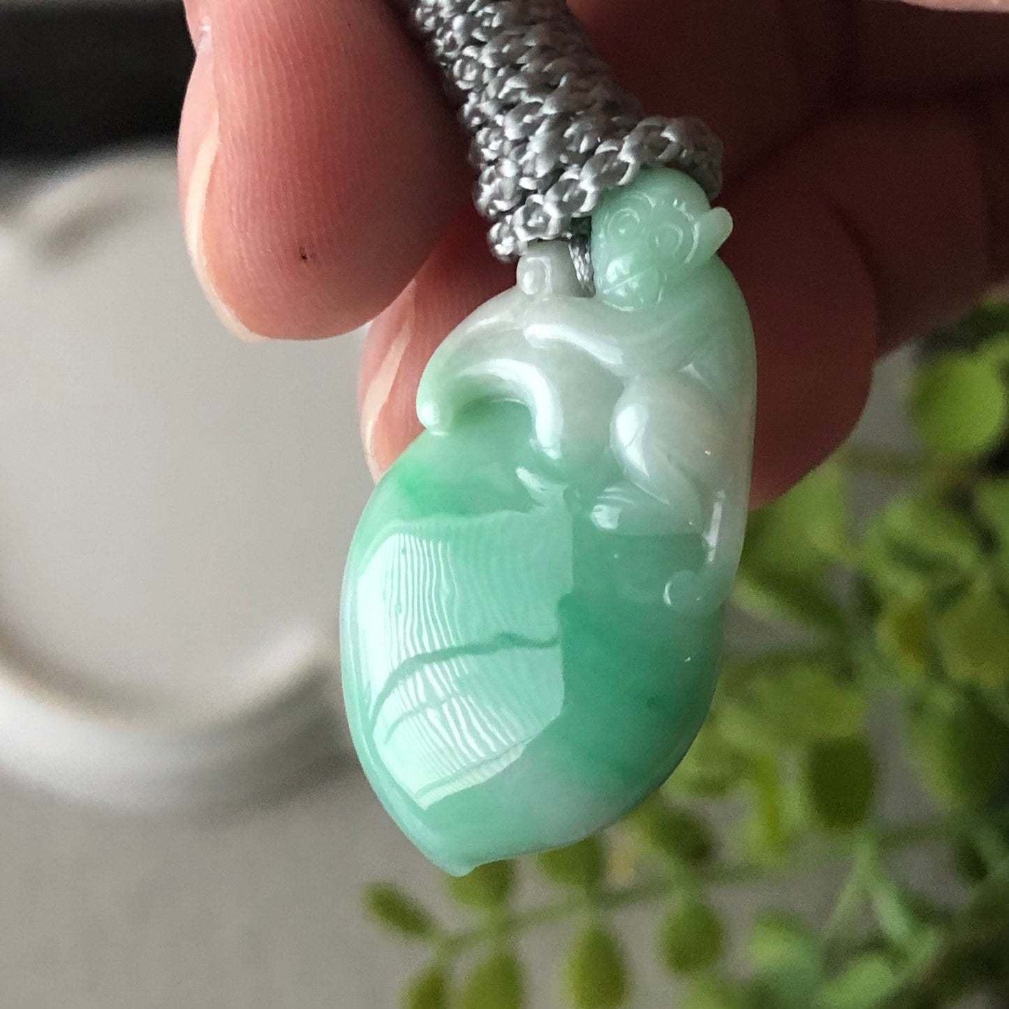 31.8mm Jadeite Jade Carved Green Monkey Peach Keychain Charm Pendant