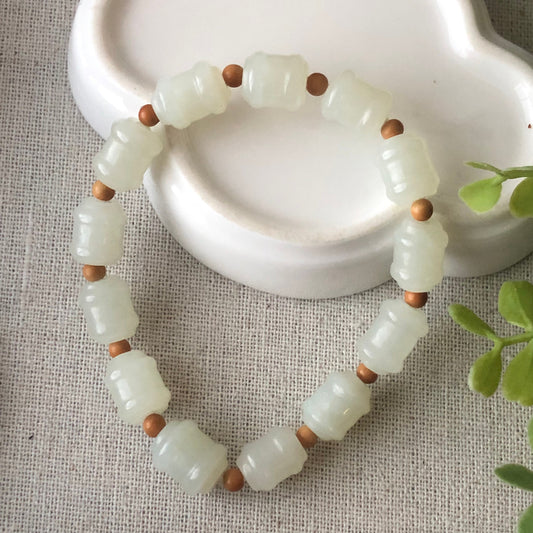 9mm Icy Hetian Nephrite Jade Barrow Bead Bracelet