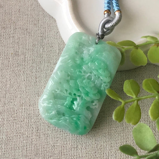 47 mm Green Jadeite Jade Carved Landscape Trees Pendant