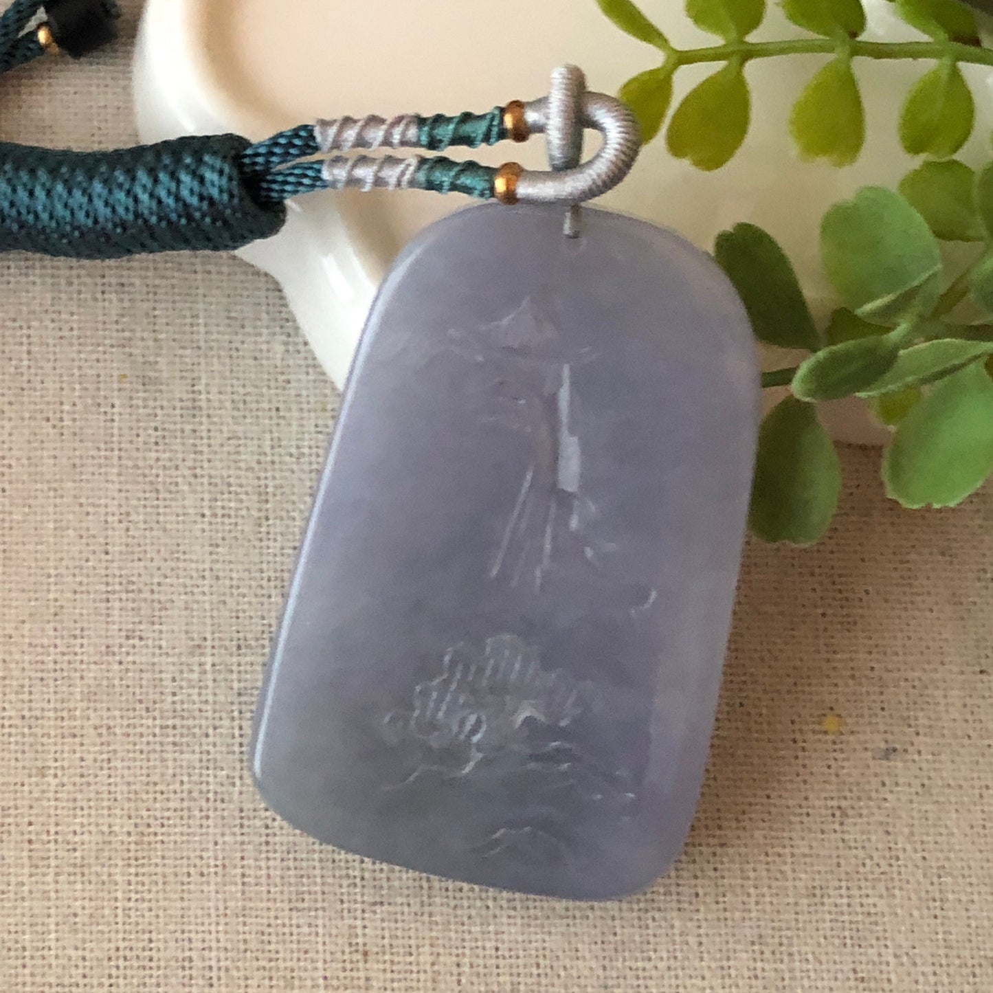 60mm Big Icy Jadeite Jade Lavender Carved Wealthy God Landscape Pendant