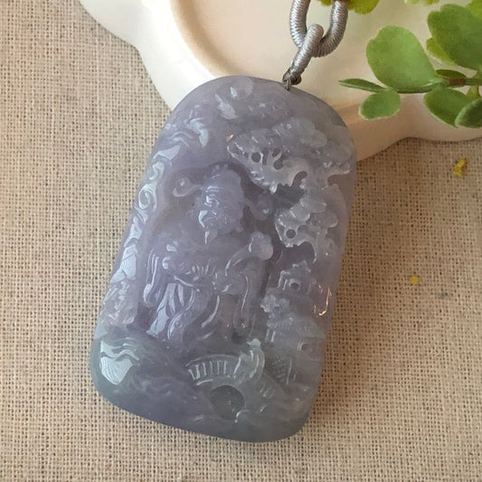60mm Big Icy Jadeite Jade Lavender Carved Wealthy God Landscape Pendant