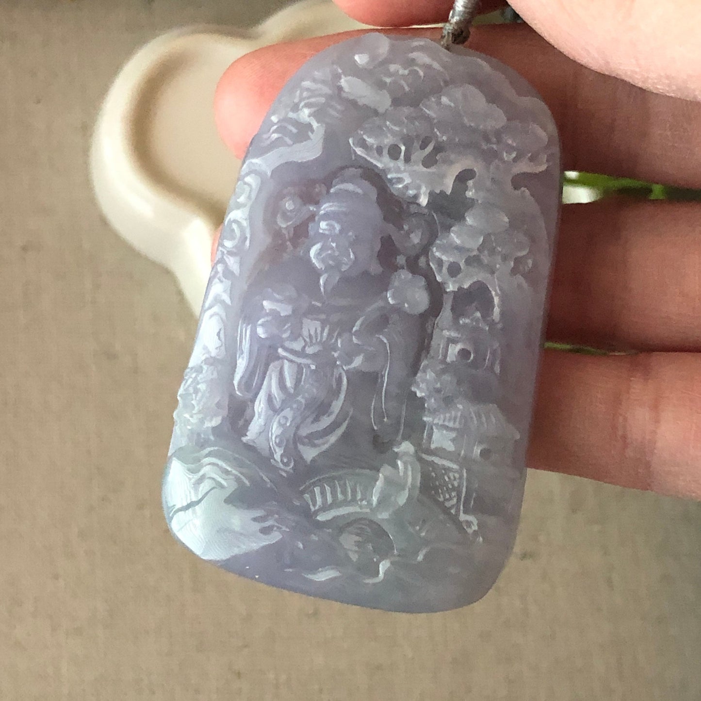 60mm Big Icy Jadeite Jade Lavender Carved Wealthy God Landscape Pendant