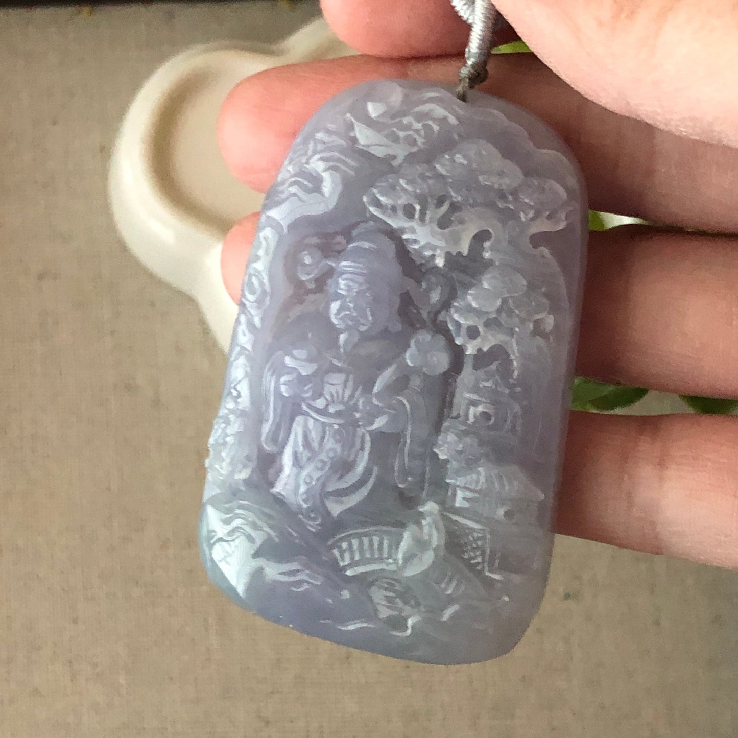 60mm Big Icy Jadeite Jade Lavender Carved Wealthy God Landscape Pendant