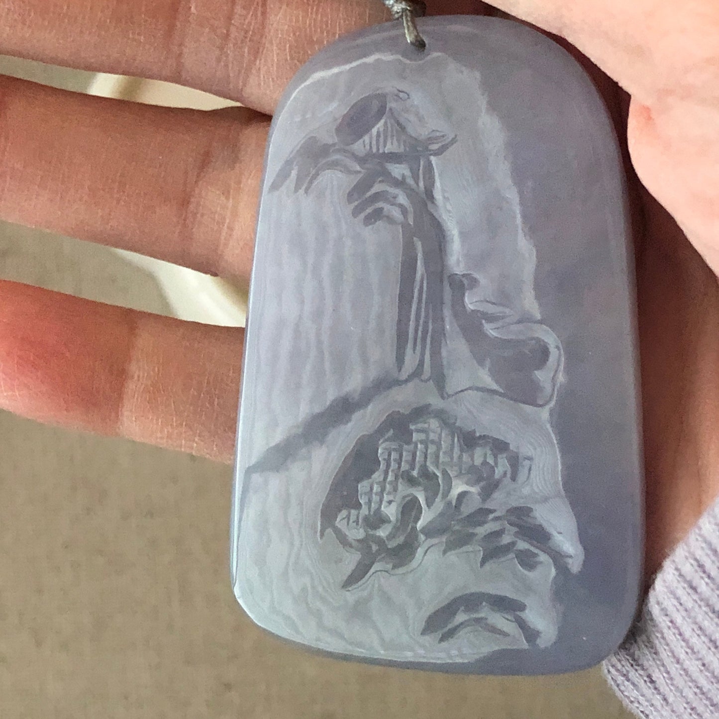 60mm Big Icy Jadeite Jade Lavender Carved Wealthy God Landscape Pendant