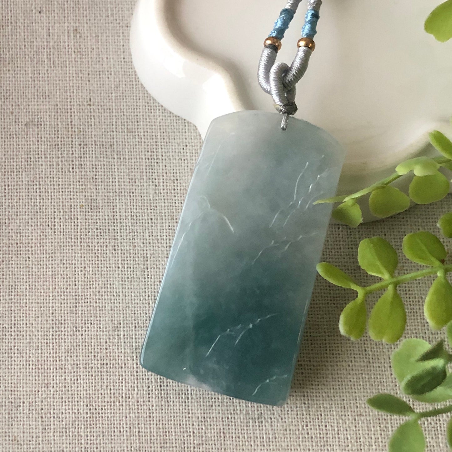 54.6 mm Blue Green Jadeite Jade Carved Landscape Trees Pendant
