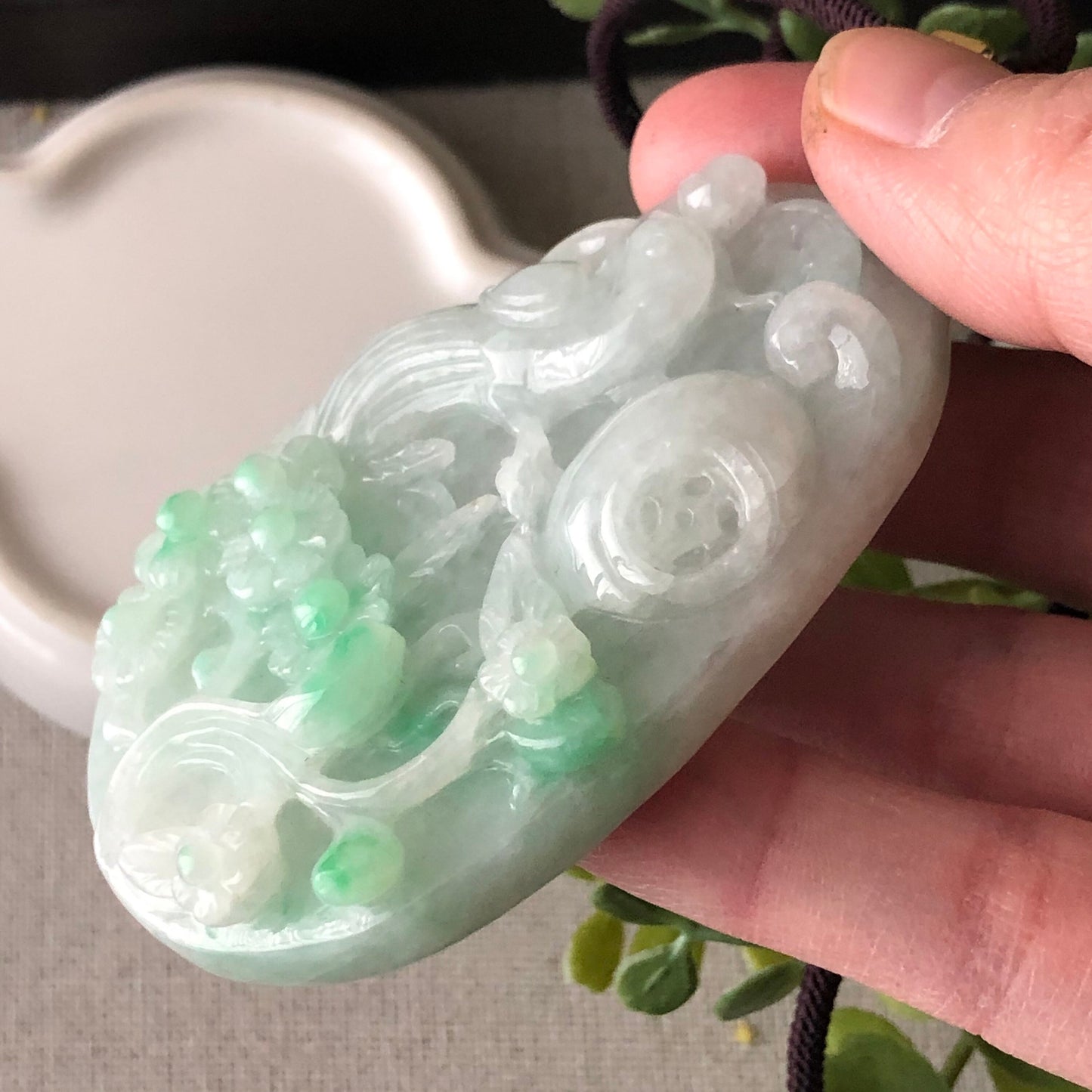 46.6 mm Green Jadeite Jade Carved Bird  Flower Scenery Pendant