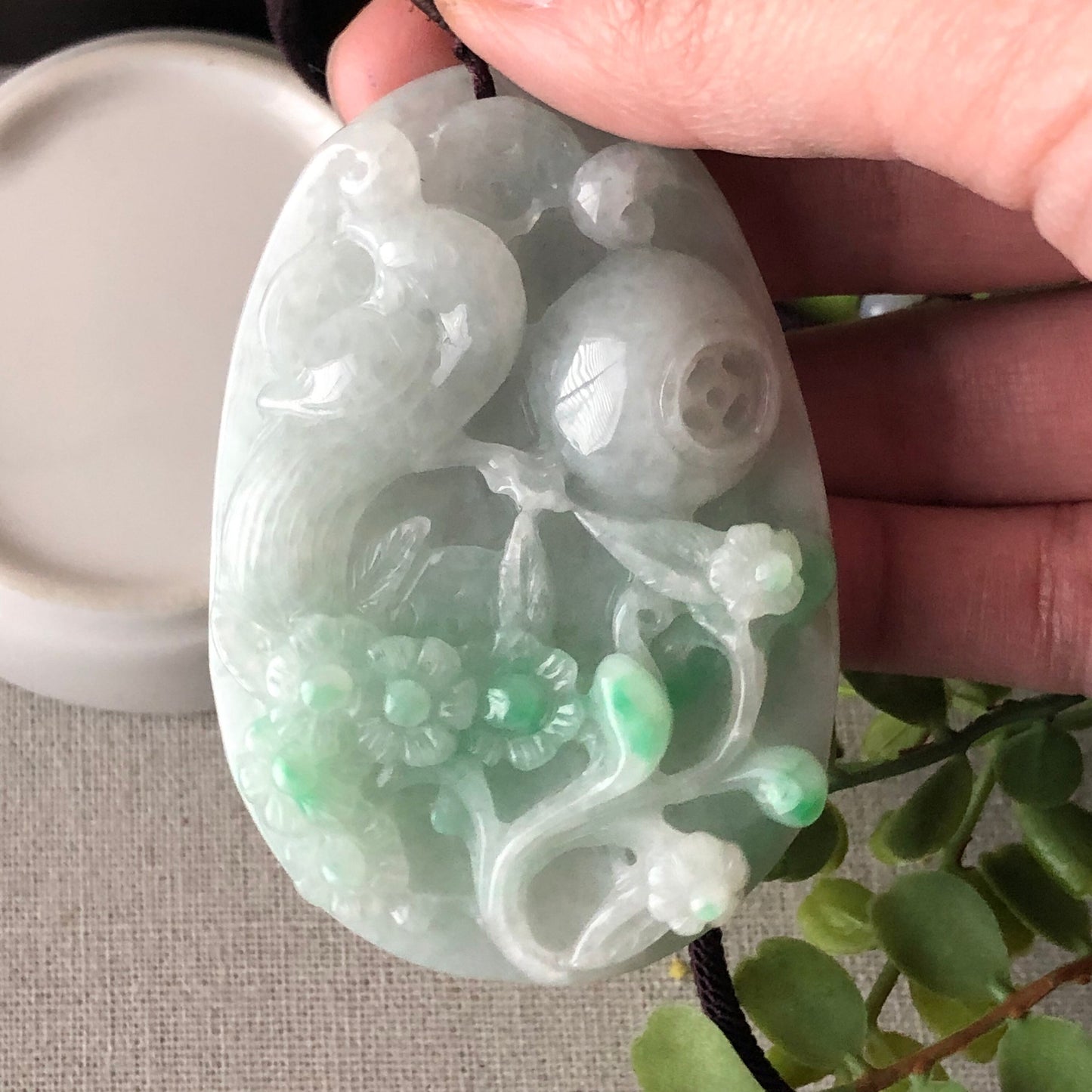 46.6 mm Green Jadeite Jade Carved Bird  Flower Scenery Pendant