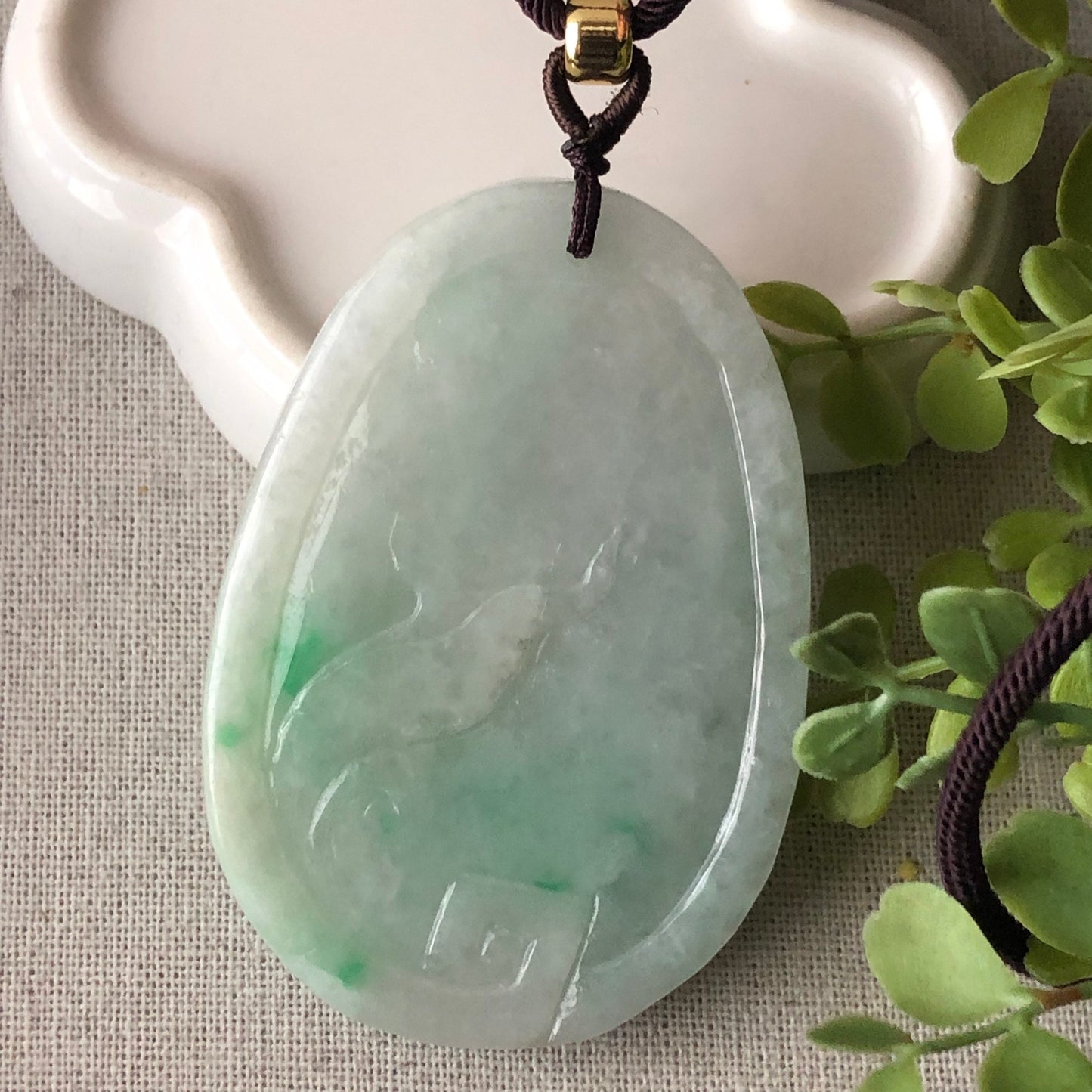 46.6 mm Green Jadeite Jade Carved Bird  Flower Scenery Pendant