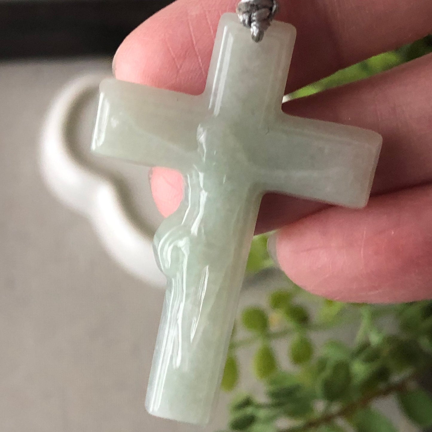 47.8 mm Tint Green Jadeite Jade Carved Cross Jesus Pendant