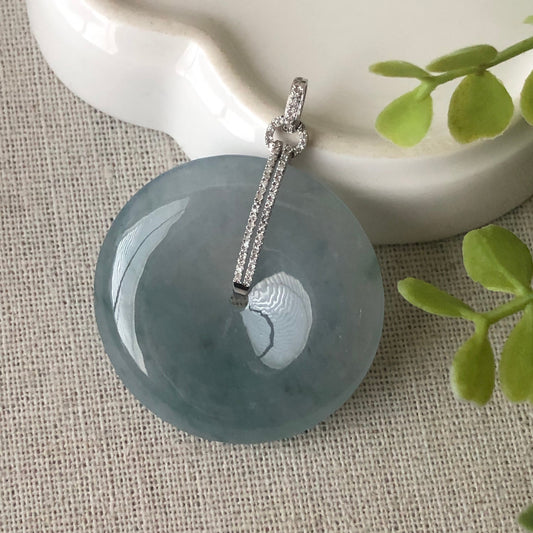 31.8 mm Icy Blue Green Floating Flowers Jadeite Jade Peace Donut Pendant