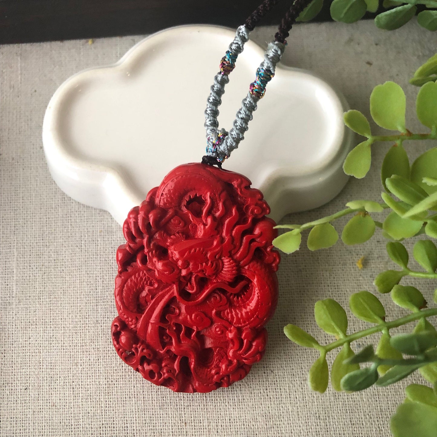 58 mm Cinnabar Double Sided Carved Red Dragon Pendant NOT JADE
