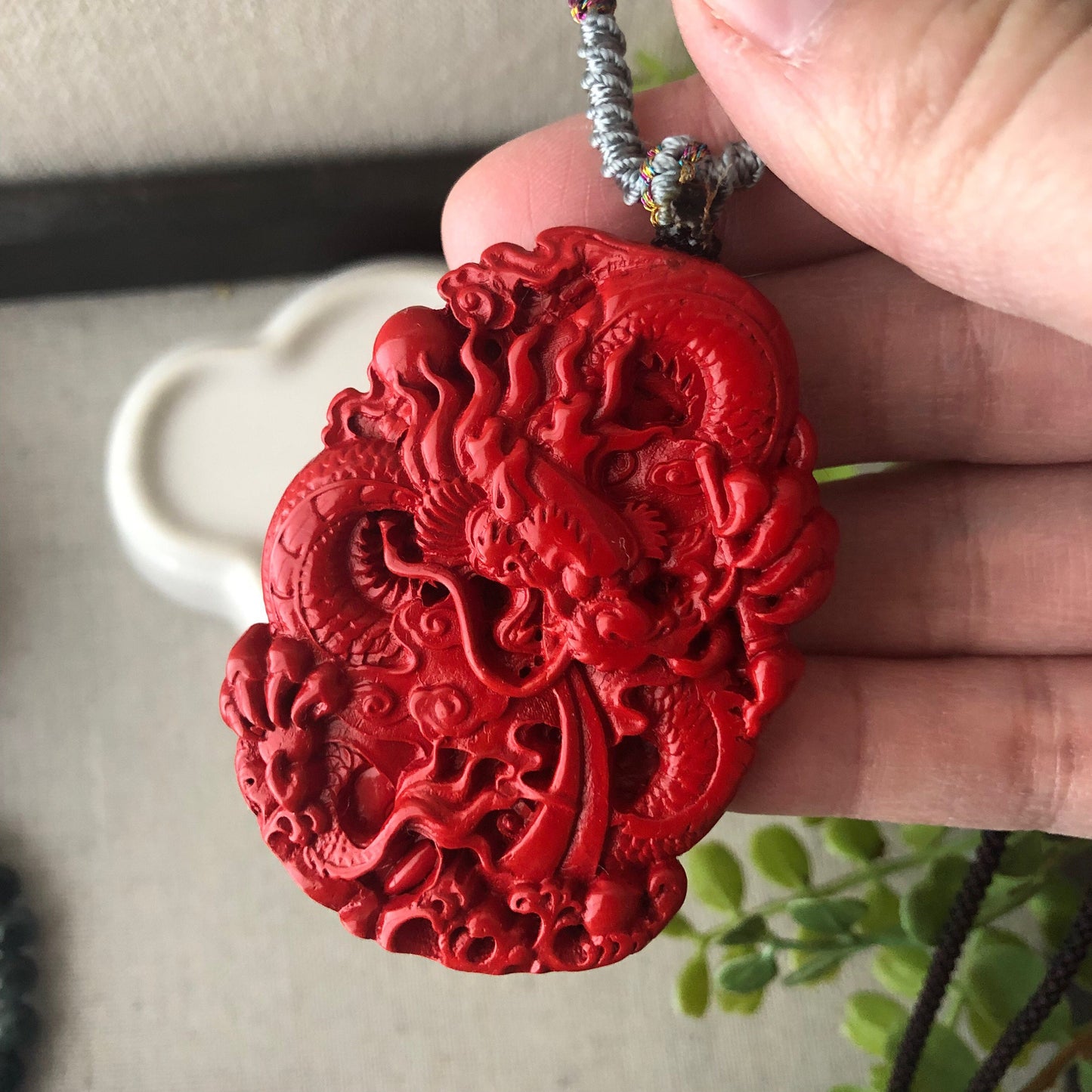 58 mm Cinnabar Double Sided Carved Red Dragon Pendant NOT JADE