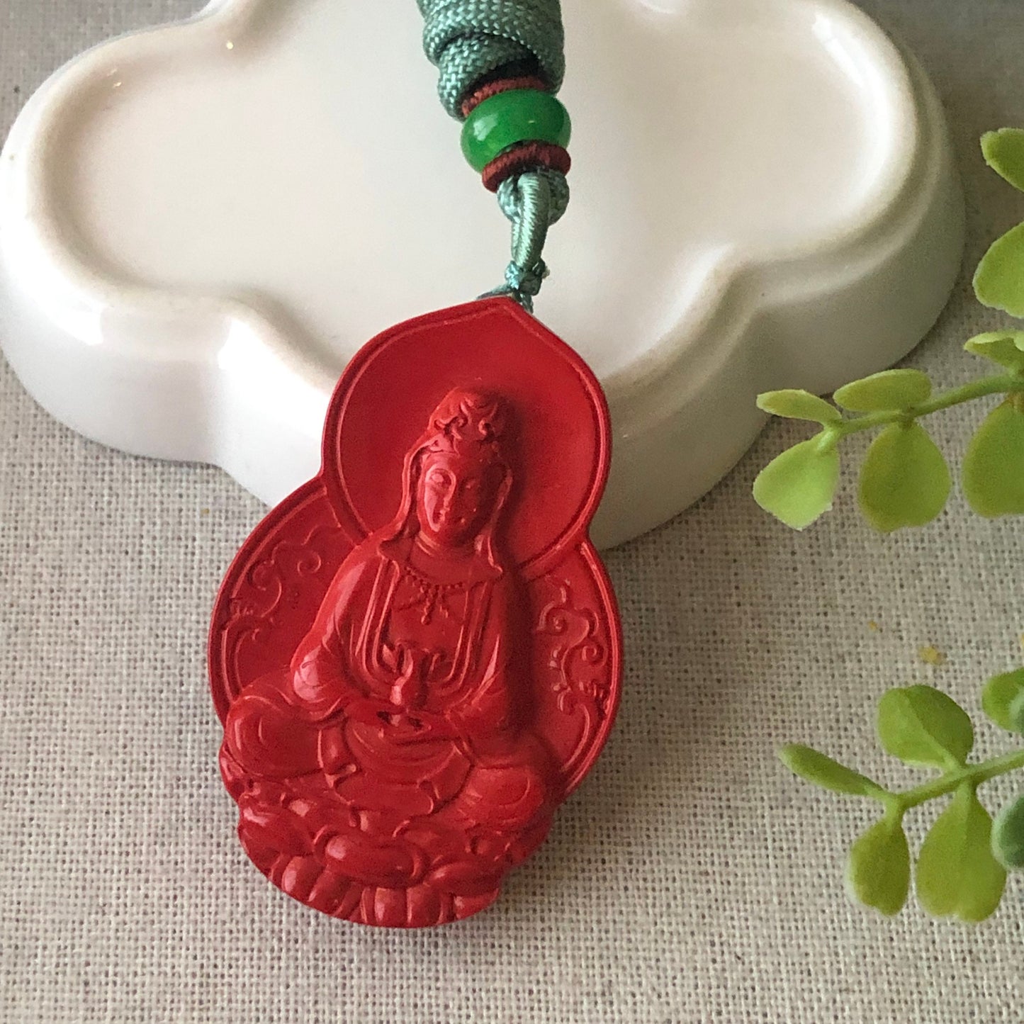 52.5 mm Cinnabar Carved Red Guanyin Pendant NOT JADE